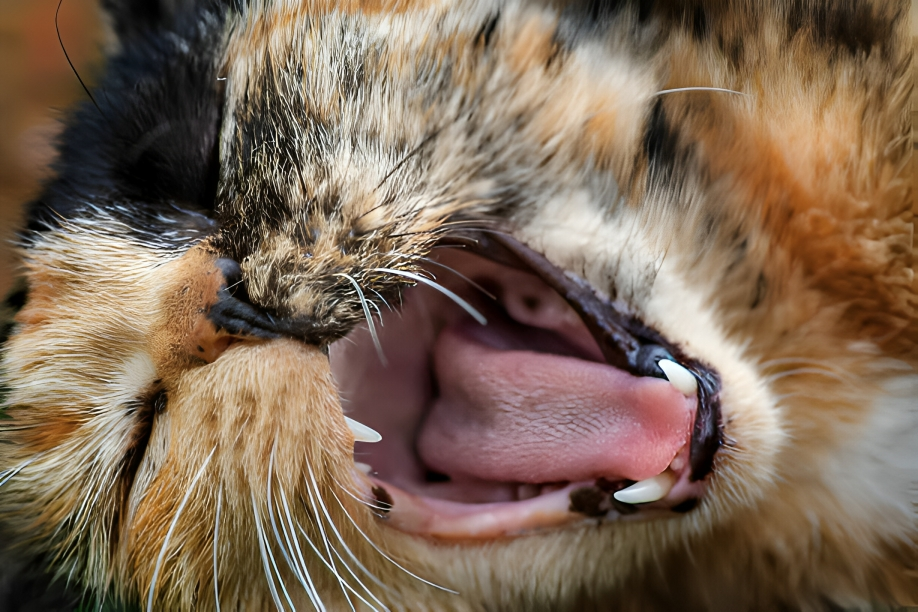 Close-up view of a cat's open mouth showing black pigmentation on the gums and tongue, alongside visible teeth and whiskers. This image directly answers 'Why Is My Cats Mouth Black?' by illustrating natural variations in feline oral pigmentation, which could be normal or indicative of a health issue, guiding pet owners to explore further insights into their cat's wellness.