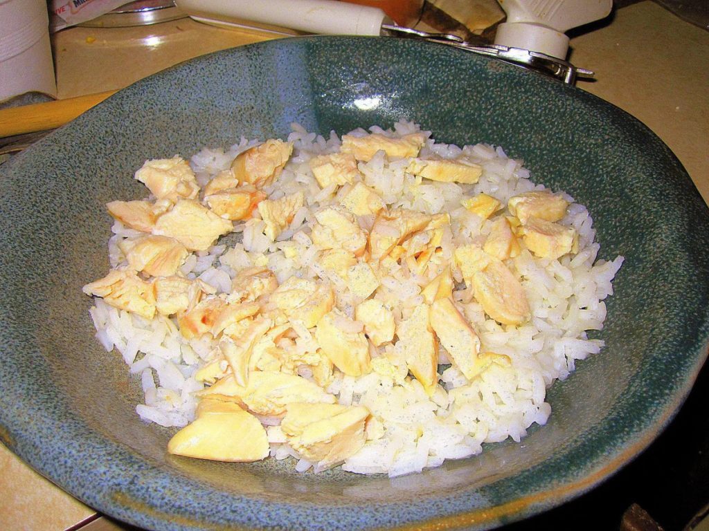 Green bowl filled with Homemade Cat Food Chicken and Rice High-Calorie Bowl, featuring tender chicken chunks and fluffy white rice. This hearty and nutritious meal is tailored for cats needing calorie-dense, homemade food options. Ideal for pet owners aiming to support their cat's weight gain and health with a balanced, high-energy diet made from wholesome ingredients.