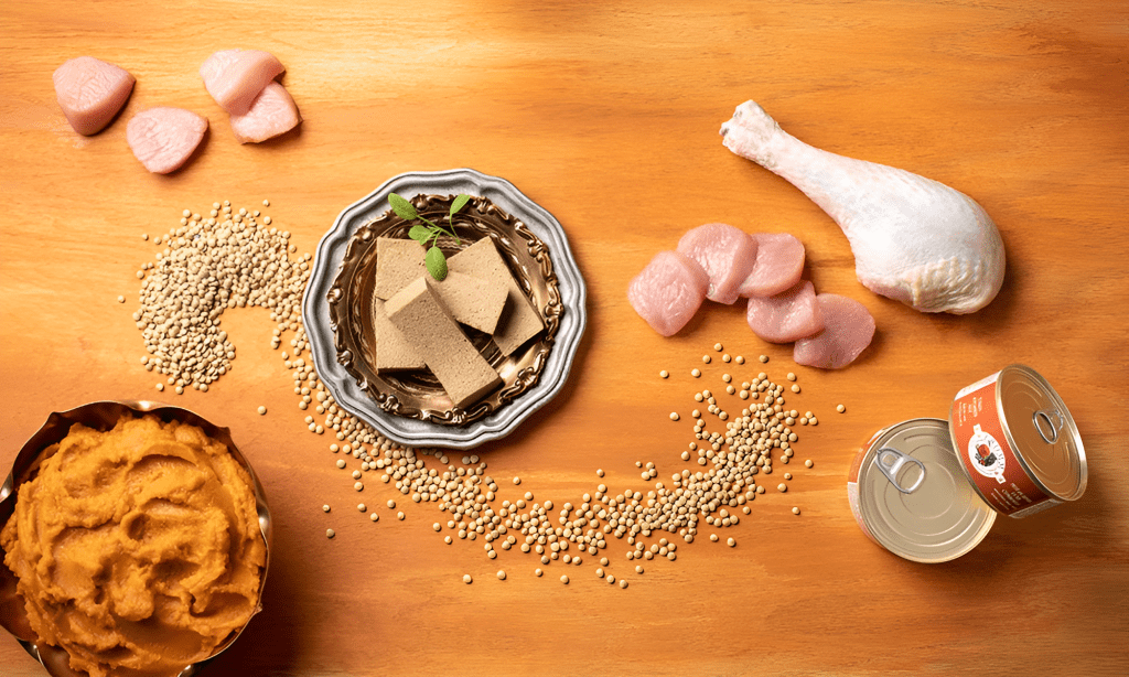 Wooden surface displaying ingredients for Homemade Cat Food Turkey and Pumpkin Blend, including raw turkey breast, turkey drumstick, pumpkin puree, lentils, canned food, and fresh turkey liver cubes garnished with herbs. This setup emphasizes a high-quality, homemade cat food recipe designed to provide a nutritious and delicious meal for cats in need of wholesome, balanced diets.
