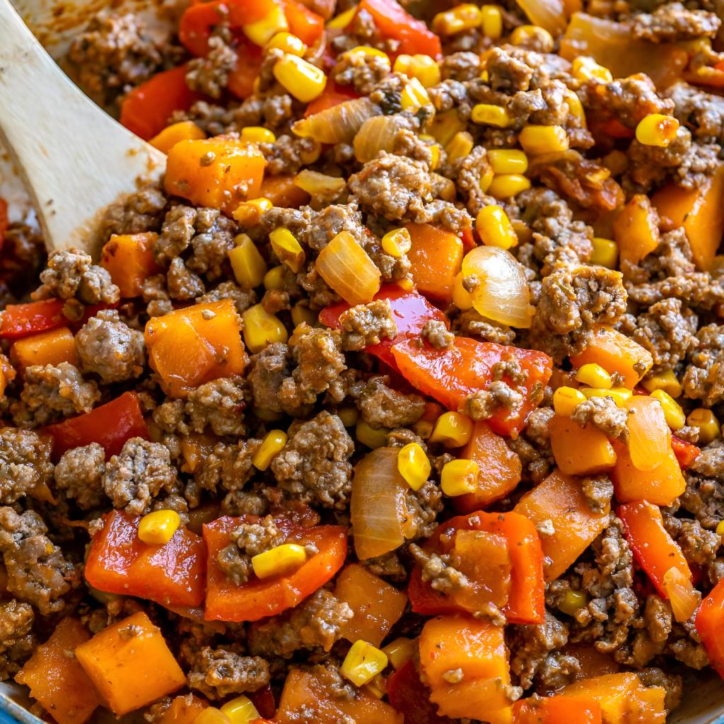 Vibrant dish showcasing Homemade Cat Food Ground Beef and Sweet Potato Surprise, with cooked ground beef, sweet potatoes, corn, and red bell peppers. This visually appealing, nutritious blend is tailored for cats needing wholesome, homemade food options. Perfect for pet owners seeking a balanced and flavorful recipe to enhance their cat's health and support weight gain.