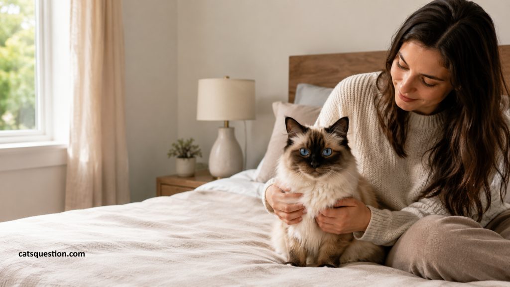 A woman smiling down at a fluffy long-haired Balinese cat with dark point coloration and striking blue eyes on a bed. This visual answers the popular question, "Are Balinese Cats Hypoallergenic" for prospective owners, highlighting the breed's affectionate, companionable nature and unique coat characteristics in a cozy home setting.