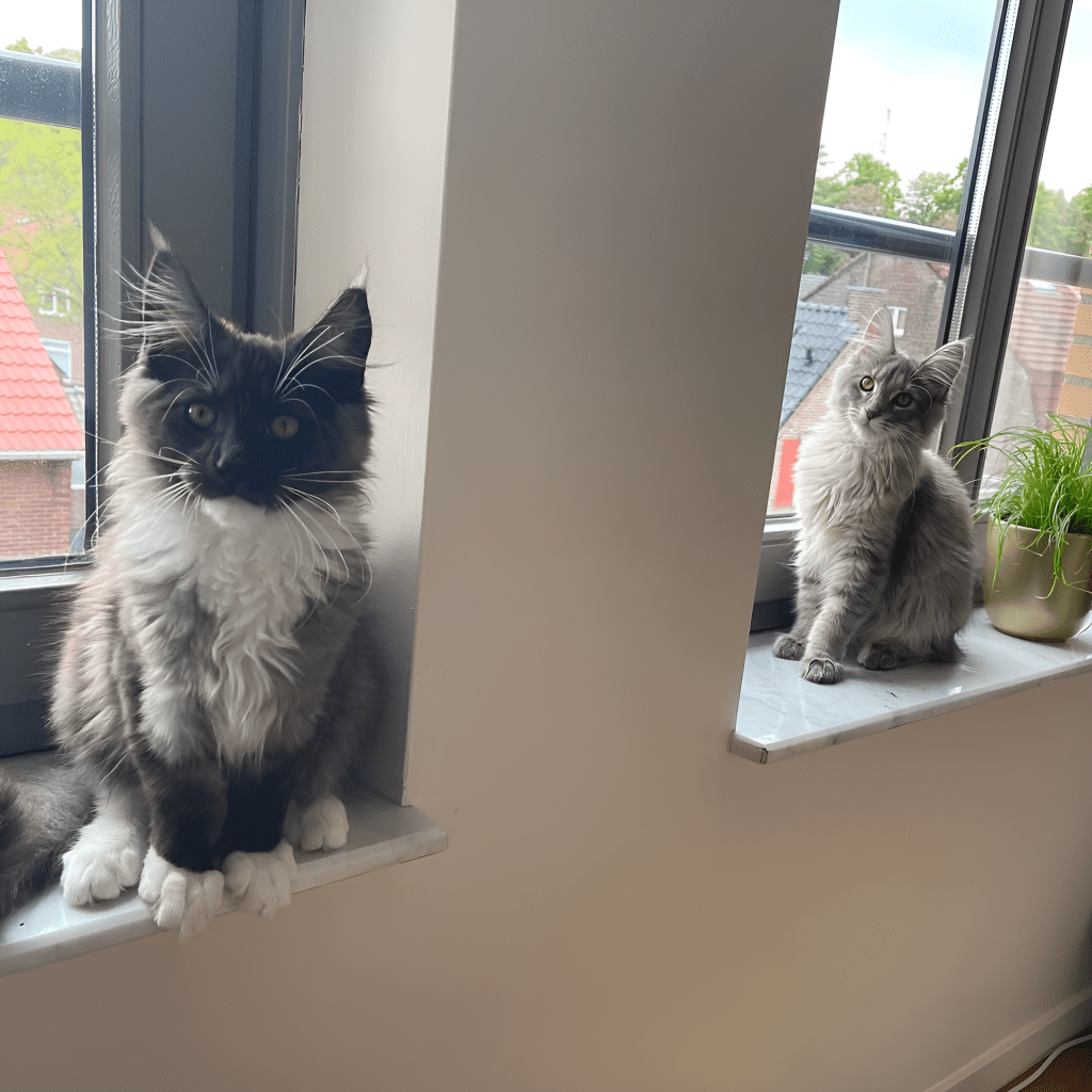 Side-by-side image of a Male vs. Female Maine Coon Cat—left cat is a black-and-white male, right is a grey female—both sitting on window sills, gazing toward the camera, highlighting subtle differences in coat color, face shape, and size typical in the Male vs. Female Maine Coon Cat comparison.