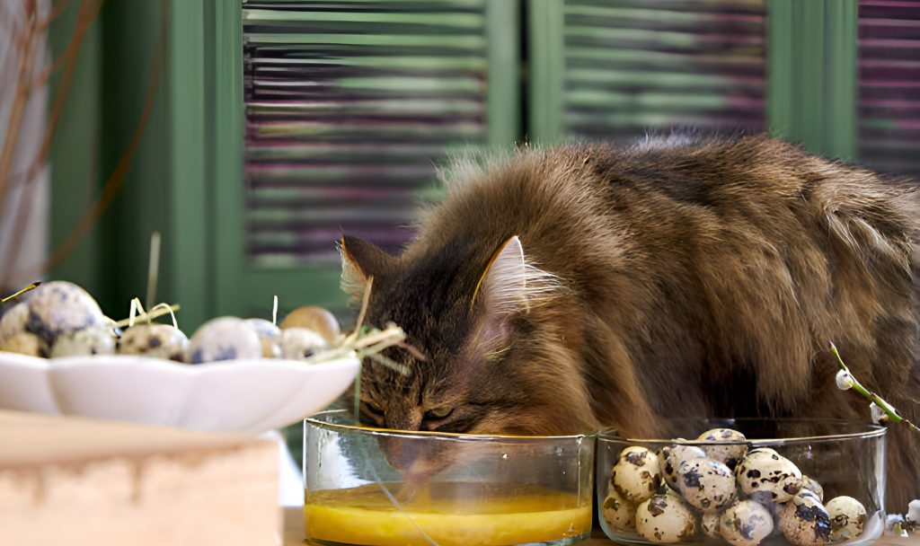 A fluffy cat drinks from a glass bowl filled with egg yolk, surrounded by quail eggs in nearby bowls. This engaging scene raises the question: Can Cats Eat Quail Eggs? Highlighting curiosity and dietary considerations, the image connects feline interest in eggs to the broader topic of pet nutrition and safety.