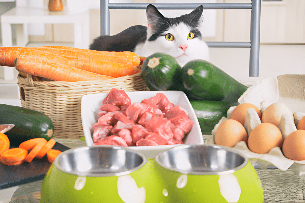 Black and white cat surrounded by ingredients for Homemade Cat Food to Gain Weight Fast, including raw meat chunks, eggs, carrots, zucchinis, and green pet food bowls. The setup highlights balanced, nutritious recipes aimed at helping cats gain weight quickly and effectively. Perfect for pet owners seeking healthy homemade solutions to improve their cat's weight and overall health.