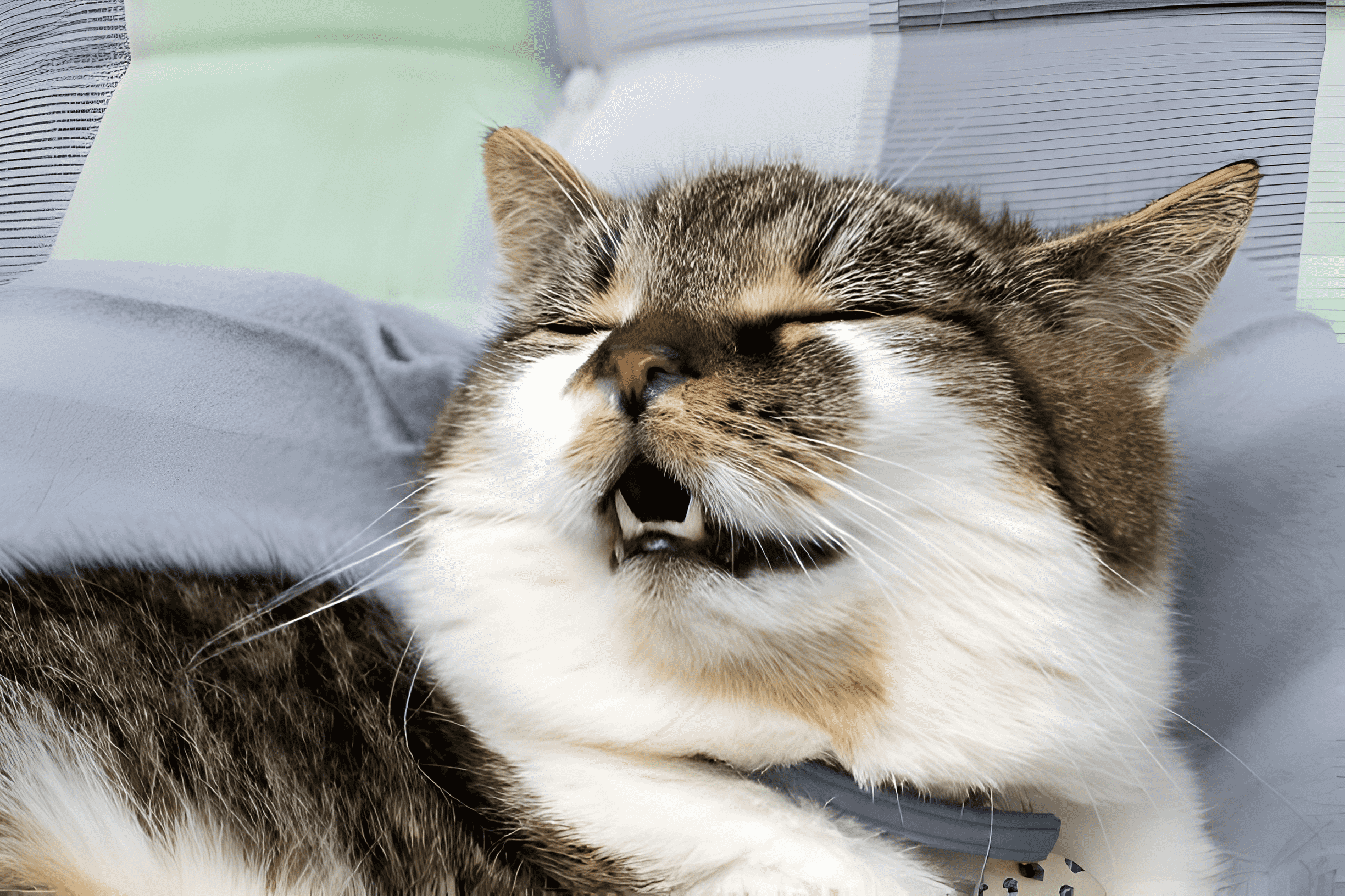 A brown and white cat lies down with its mouth slightly open and eyes closed, appearing distressed, raising concerns like 'Why Is My Cat Wheezing.' The image emphasizes respiratory health issues in cats.
