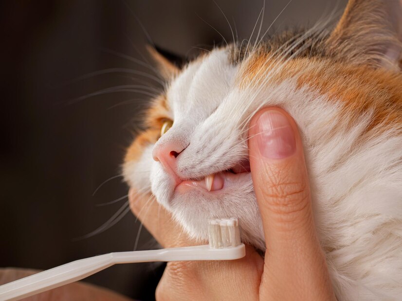 A person gently brushes a cat's teeth with a toothbrush, focusing on oral hygiene as part of vet-approved treatments for fishy cat breath. The close-up highlights the importance of dental care for reducing odor. The calm interaction showcases effective solutions, emphasizing the role of professional guidance in maintaining a cat's health and fresh breath.