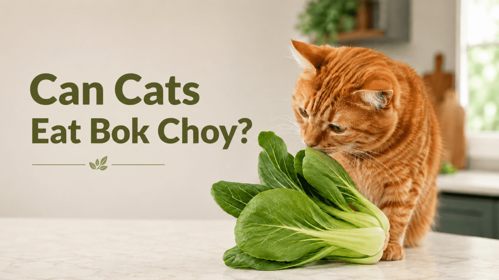 Curious orange tabby cat sniffing fresh bok choy on a kitchen counter, illustrating feline curiosity and healthy food exploration. This image relates to the question: Can Cats Eat Bok Choy, highlighting pet nutrition and safe vegetable options for cat owners.