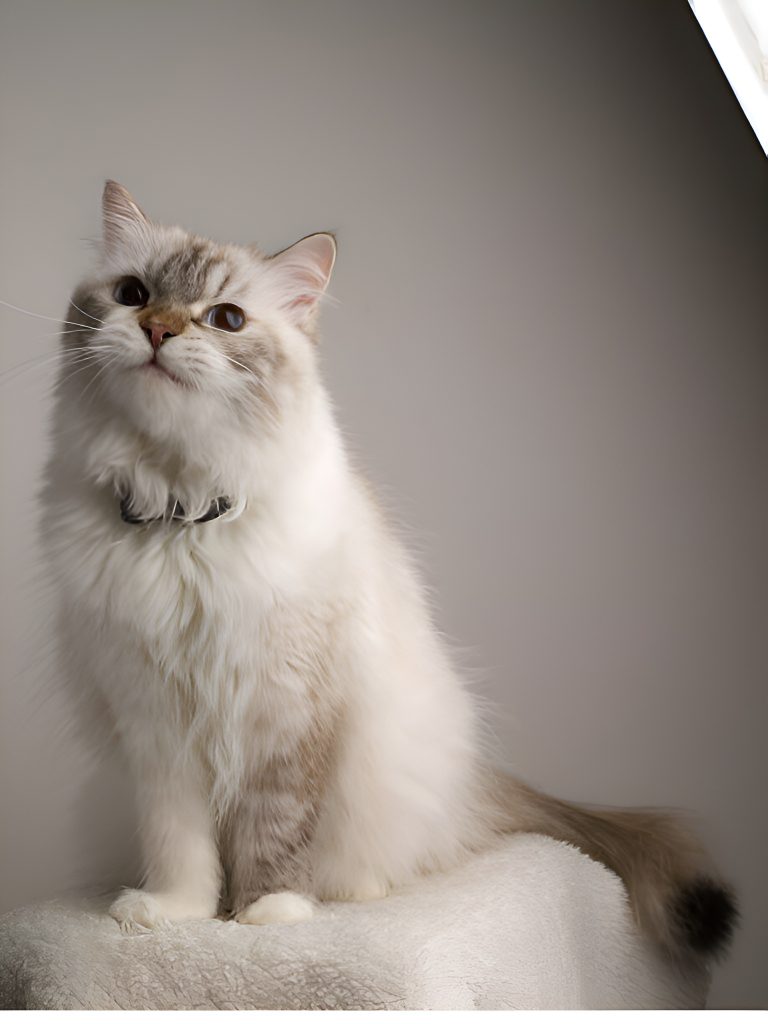 A Chocolate Lynx Ragdoll Cat perched gracefully, showcasing its soft white and light brown fur, striking blue eyes, and distinctive lynx-patterned markings. The relaxed pose and gentle expression highlight the breed’s charm, making this an elegant representation of the beloved Ragdoll.