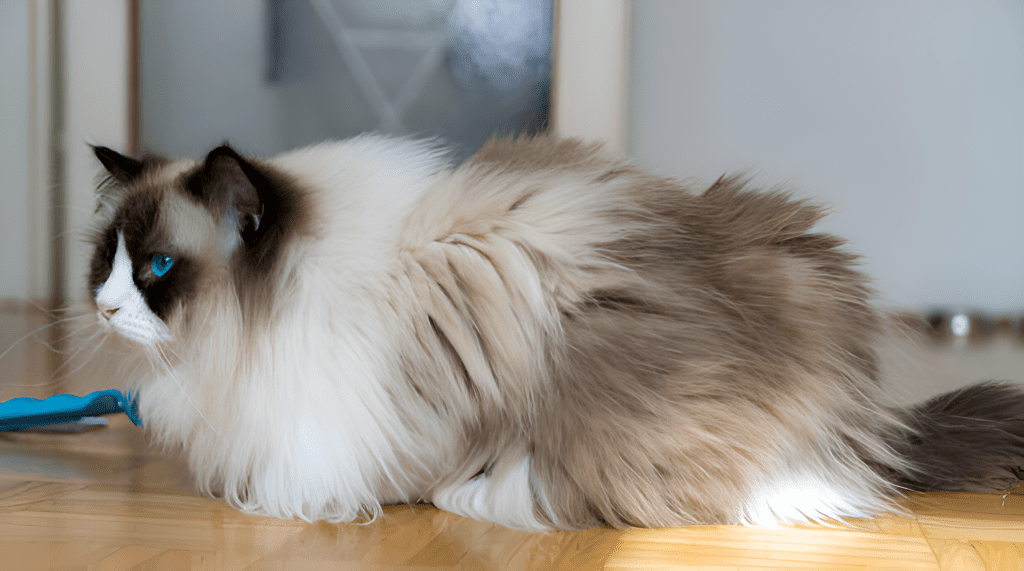 Seal Point Bicolor Ragdoll Cat lying gracefully on a wooden floor, its deep blue eyes contrasting beautifully with soft white fur and dark seal-point markings. The cat’s elegant pose highlights its fluffy coat and symmetrical bicolor pattern, making this a striking representation of the breed.