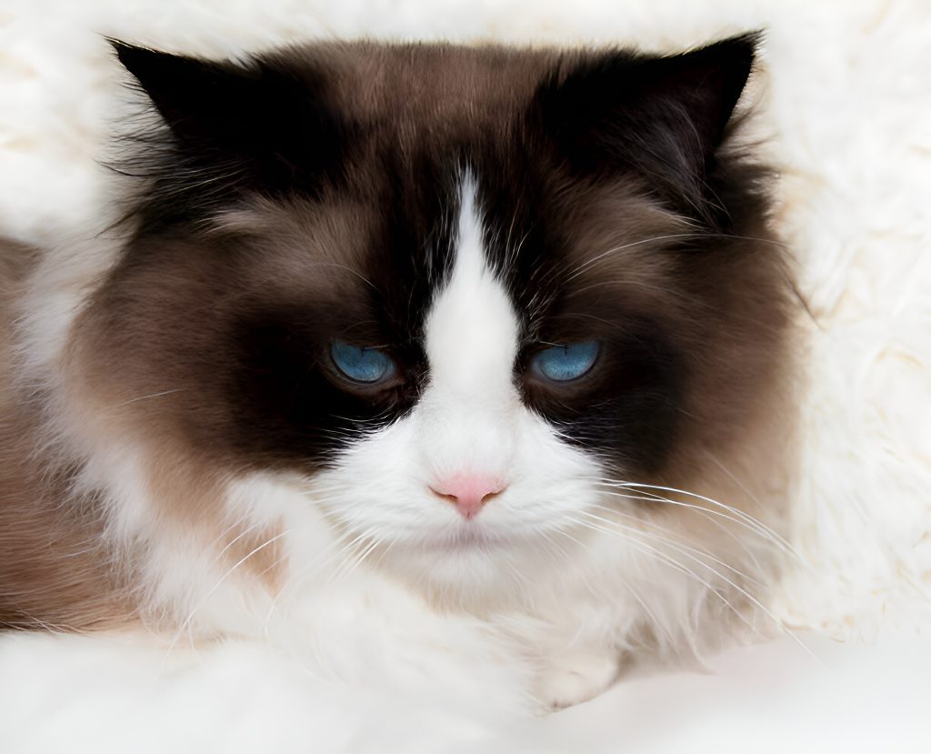 Seal Point Bicolor Ragdoll Cat with deep blue eyes lounging on a soft, white surface. Its plush fur features a beautiful contrast of dark seal-point markings on the ears and face, blending seamlessly into the breed’s distinctive bicolor pattern. The cat's relaxed pose exudes elegance and charm, making this a striking representation of Ragdoll beauty.