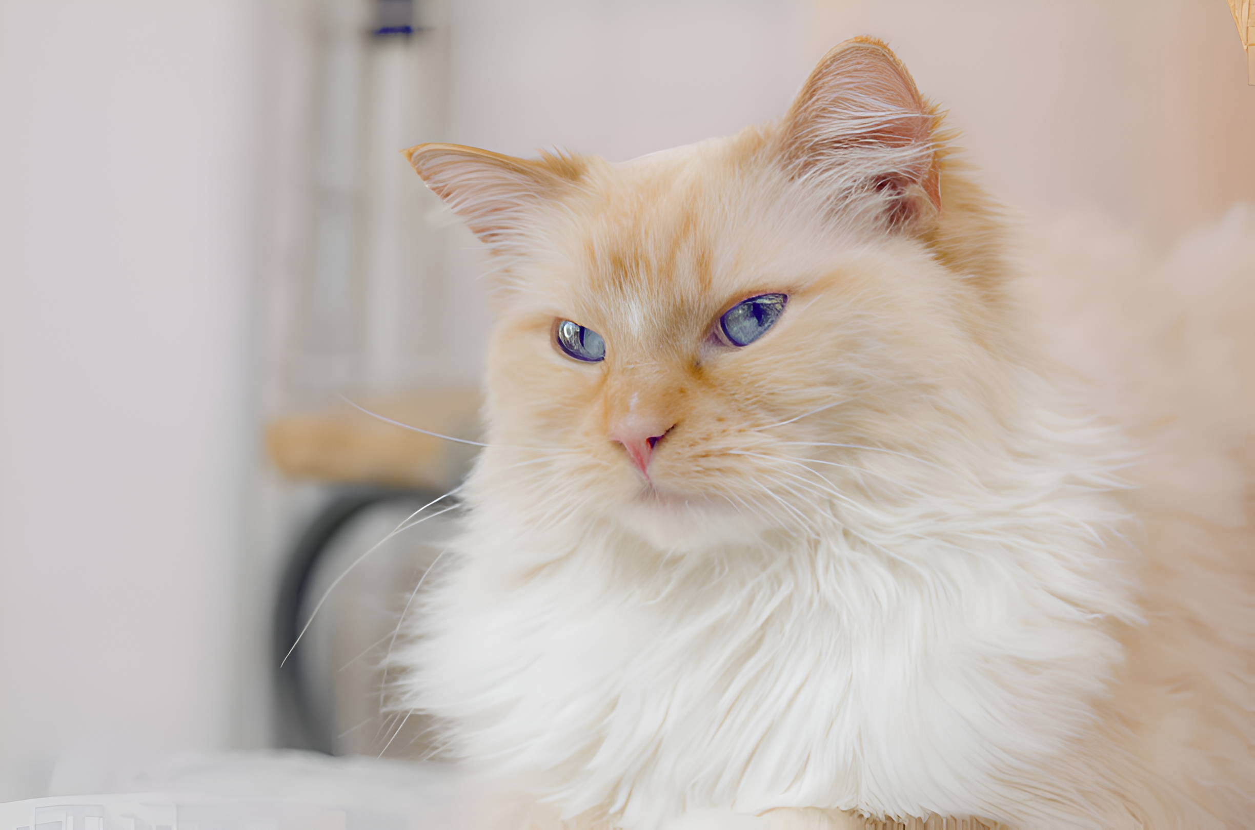 A close-up of a Flame / Red Point Ragdoll Cat with striking blue eyes, framed by its fluffy white and cream-colored coat. The warm-toned ears and delicate facial features highlight the breed's signature look, making it a captivating feline portrait.