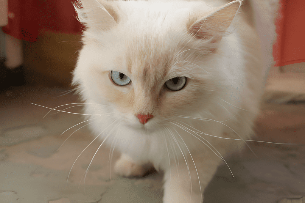 A majestic Flame / Red Point Ragdoll Cat walking gracefully on a tiled floor, its long white fur flowing. Its ears show a subtle red hue, a signature trait of the breed. The cat’s whiskers stand out against a warm backdrop featuring a red curtain.