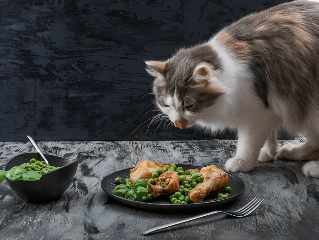A multicolored cat licks its lips near a plate of food, featuring chicken and peas. A bowl of peas and spinach sits nearby. This image raises the question: 'Can Cats Taste Spicy Food?'—exploring feline curiosity, their taste receptors, and their response to different flavors.