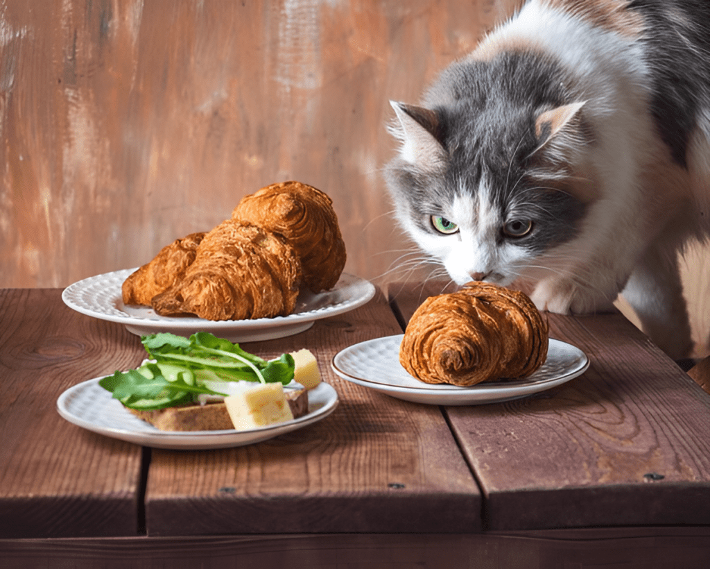 Can Cats Eat Croissants? A Bengal cat curiously sniffs a croissant on a white plate beside a coffee cup, sparking questions about whether croissants are safe for cats. The cozy breakfast setting emphasizes the risk of feline curiosity leading to unsuitable food choices.
