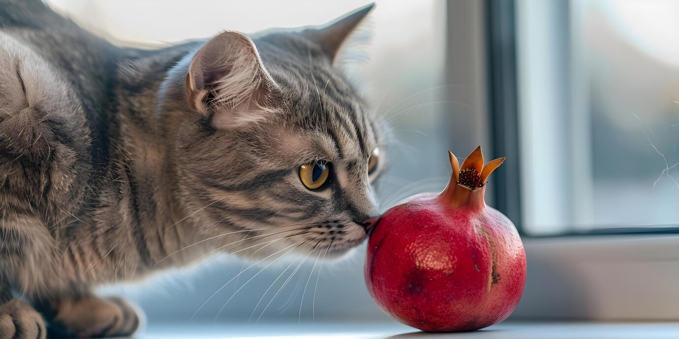 A curious gray tabby cat sniffs a bright red pomegranate on a windowsill, prompting the question: Can Cats Eat Pomegranate? This image highlights feline curiosity about food and is relevant for pet owners wondering if pomegranates are safe for cats.