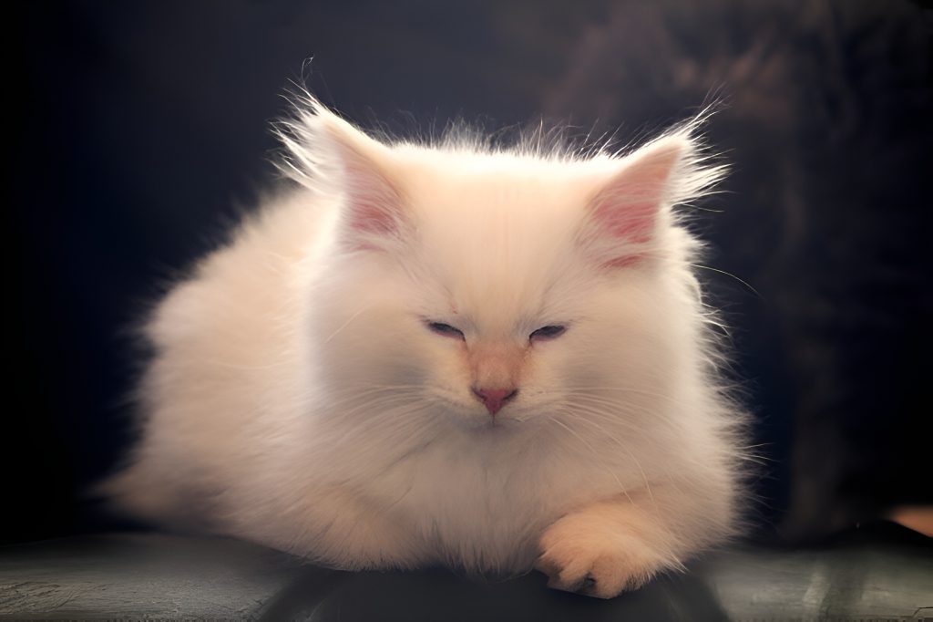 A close-up of a Flame / Red Point Ragdoll Kitten with striking blue eyes and a soft, fluffy white coat accented by warm red tones. The kitten’s calm expression and delicate fur texture highlight its breed’s signature charm, creating an endearing and visually engaging portrait.
