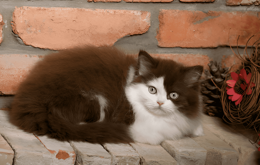 A Chocolate Mink Ragdoll Cat resting on a stone surface in front of a rustic brick wall, showcasing its soft brown and white coat. Its light-colored eyes contrast beautifully with the warm-toned surroundings, while a decorative pine cone and red flower add to the cozy ambiance.