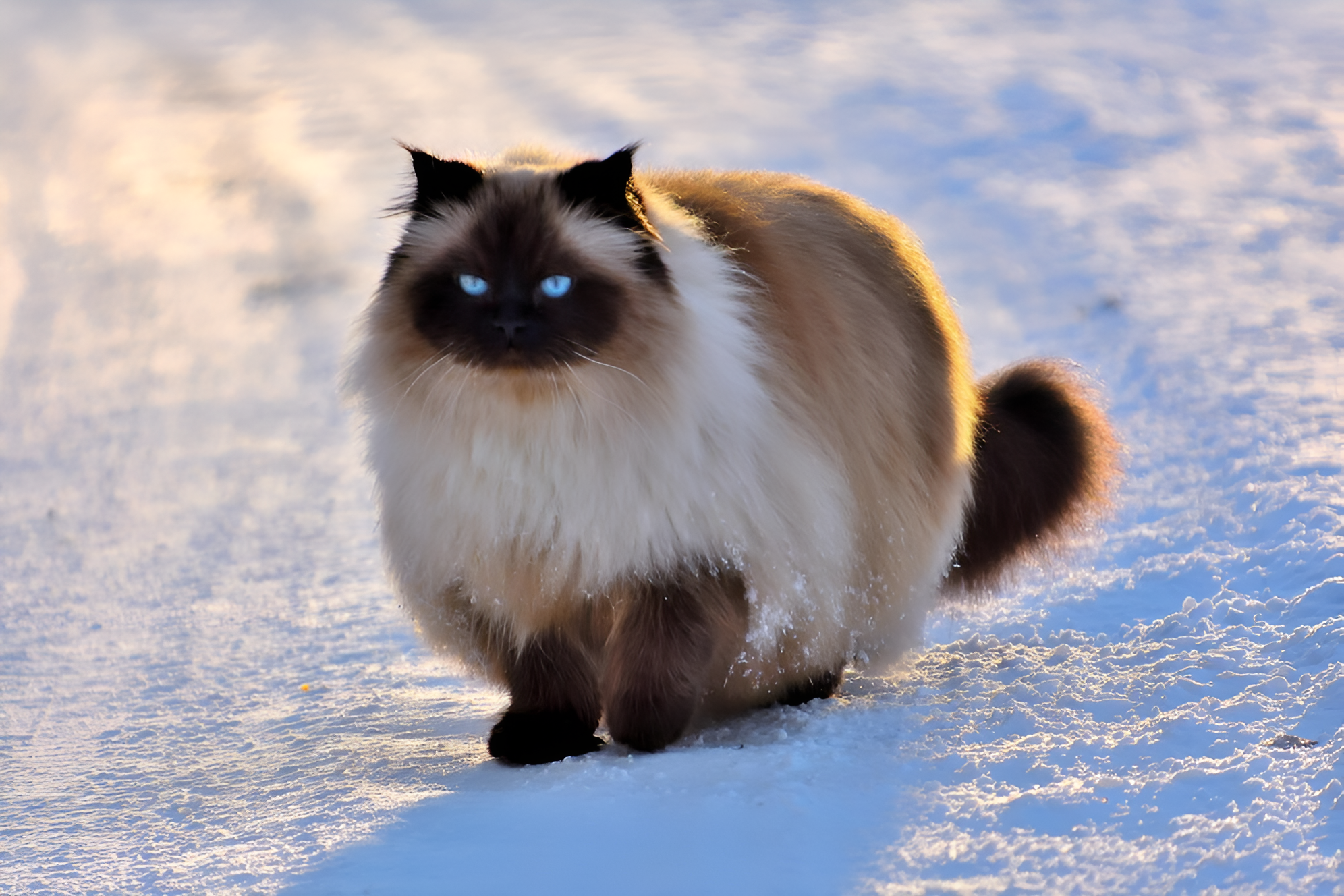 A majestic Himalayan Ragdoll Mix Cat with striking blue eyes walks gracefully on a snowy path. Its long, fluffy coat blends cream and dark brown hues, creating a stunning contrast against the white snow. Sunlight highlights the feline's luxurious fur, enhancing its regal presence in the winter landscape.