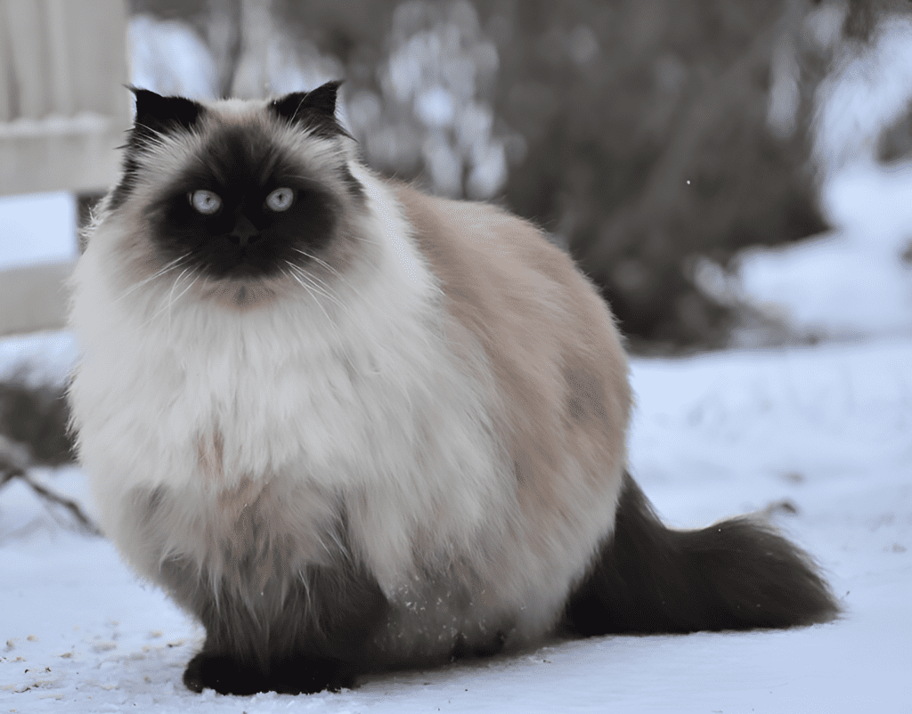 A Himalayan Ragdoll Mix Cat with striking blue eyes rests gracefully on a snowy surface. Its luxurious, fluffy coat blends cream and dark tones, accentuating its unique markings. The serene winter backdrop enhances the cat’s regal presence, making it a captivating sight.