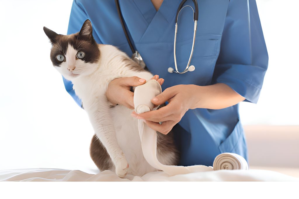 A veterinarian in a blue uniform carefully wraps a bandage around a cat’s injured paw. The cat, with striking blue eyes and a white and brown coat, looks alert. This image supports the topic “Why Is My Cat Limping?” by visually addressing feline injuries and professional treatment,