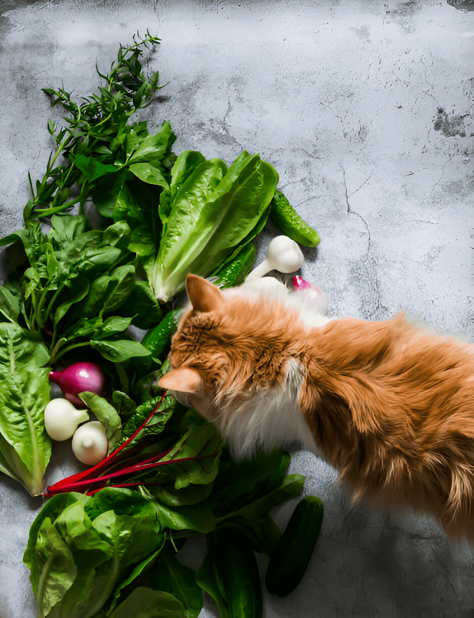 A curious ginger cat sniffs fresh bok choy among other vegetables, prompting the question: Can Cats Eat Bok Choy? This image highlights feline curiosity toward leafy greens, making it valuable for pet owners researching safe vegetables for cats.