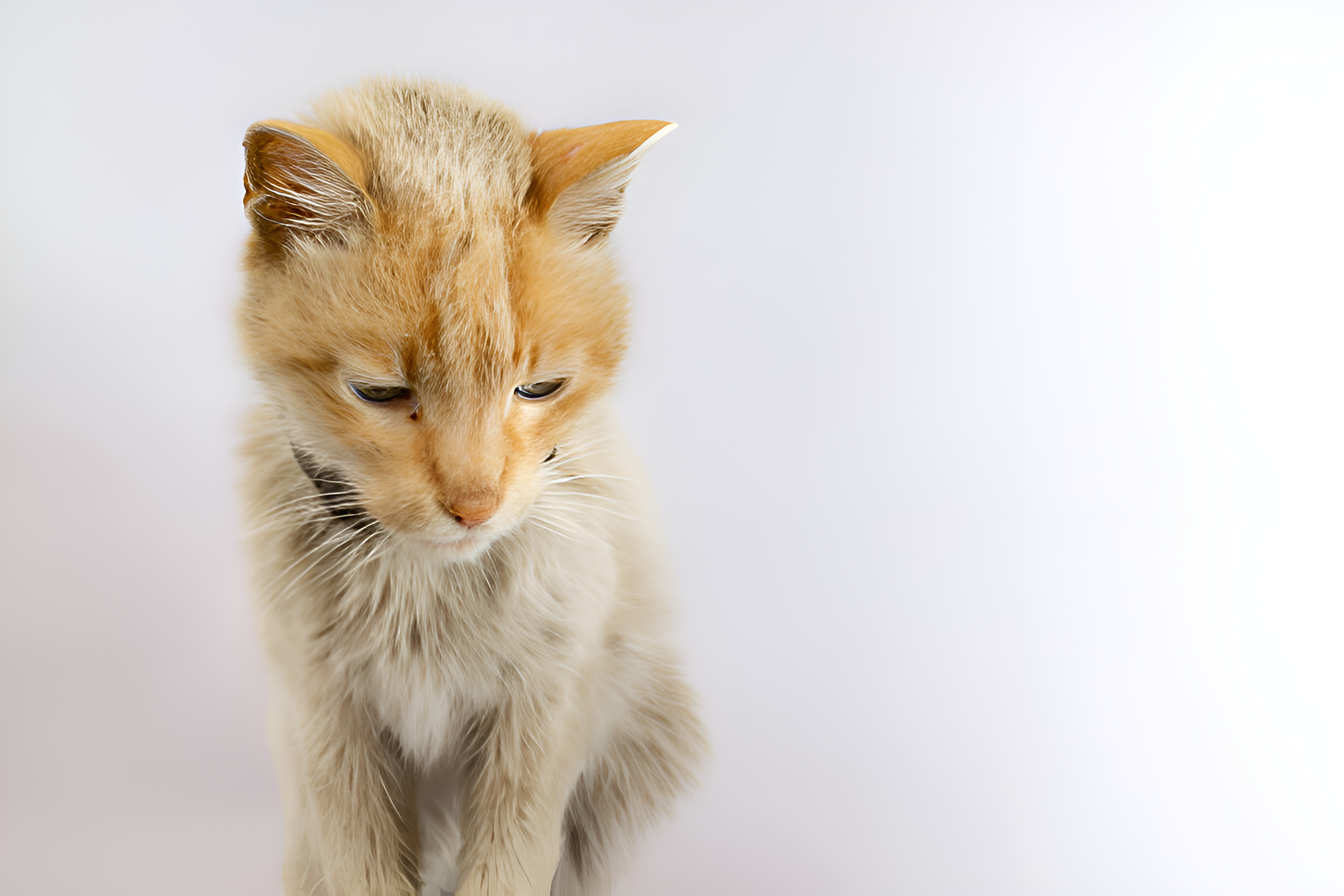 A visibly thin orange and white cat with a concerned expression, emphasizing noticeable weight loss. The image raises the question, Why Is My Cat Losing Weight?—a crucial concern for pet owners looking for answers on health issues, potential causes, and solutions. Ideal for content focusing on feline nutrition, illness, and care tips.