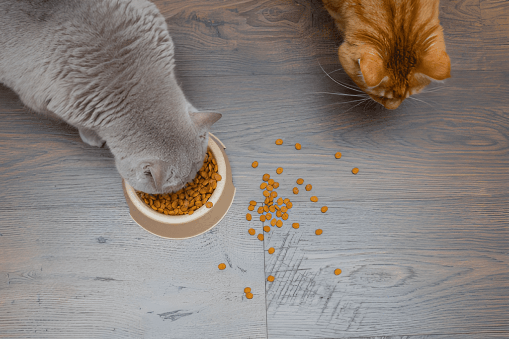 "Two cats, one gray and one orange, interact with their food on a wooden floor. The gray cat eats kibble from a bowl while the orange cat examines scattered kibble. This scene connects to the question: Can Cats Eat Sesame Seeds? It highlights feline curiosity about food, making it relevant for pet owners considering sesame seeds in a cat’s diet.