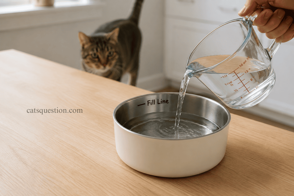 Fresh water being poured from a glass measuring jug into a bowl as a curious tabby cat watches from the background, illustrating the question: why is my cat drinking so much water?