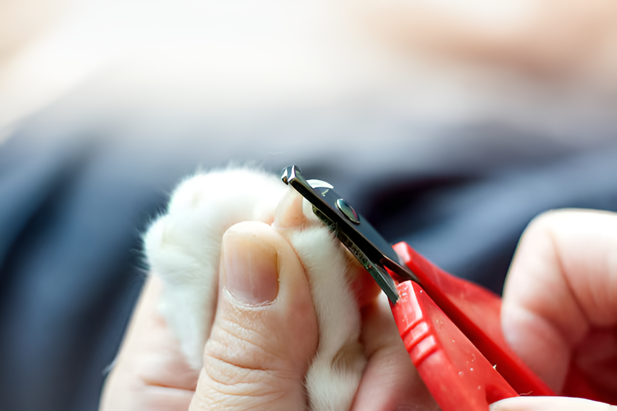 A close-up of a cat’s paw showing a damaged nail with visible cat nails splitting. The split nail appears fragile, highlighting the risks of neglecting regular trimming. This image emphasizes the importance of proper feline nail care to prevent painful splits and maintain healthy claws.