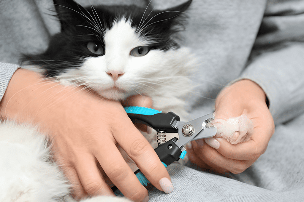 A person carefully trims a black and white cat’s nails using a nail clipper to prevent cat nails splitting. Proper grooming helps reduce nail damage, ensuring feline comfort and health. This image highlights safe nail care techniques, emphasizing the importance of regular trimming to avoid painful splits.