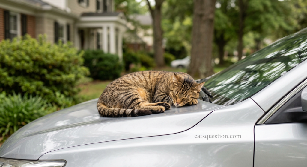 A brown tabby cat sleeping comfortably on the hood of a silver car parked outdoors, illustrating tips on How to Keep Cats Off Your Car to prevent scratches and paw prints.