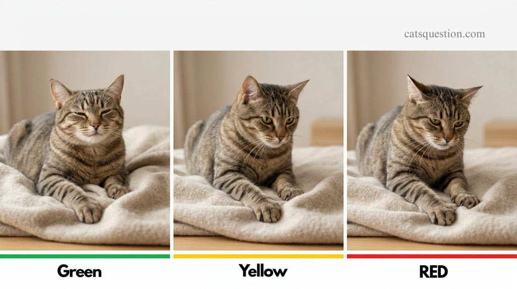 A three-panel infographic of a tabby cat labeled Green, Yellow, and Red, showing expressions from relaxed to tense to help determine: is cat kneading normal? Green, yellow, and red signs guide owners in understanding feline stress levels.