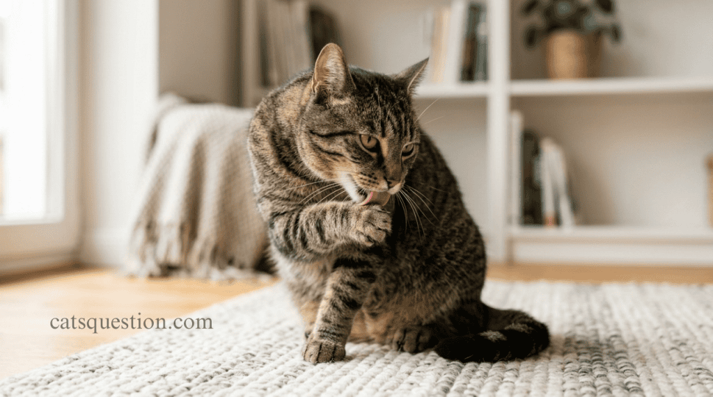 A brown tabby cat sitting on a woven rug inside a cozy living room while licking its front paw. Wondering why do cats lick their paws? This common grooming behavior helps felines stay clean, regulate body temperature, and self-soothe.