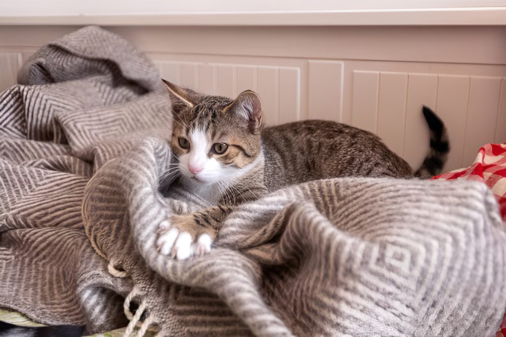 Tabby cat kneading a gray blanket and purring contentedly—capturing the behavior behind the question, "Why Does My Cat Knead My Blanket and Purr?" for feline comfort and bonding insights.