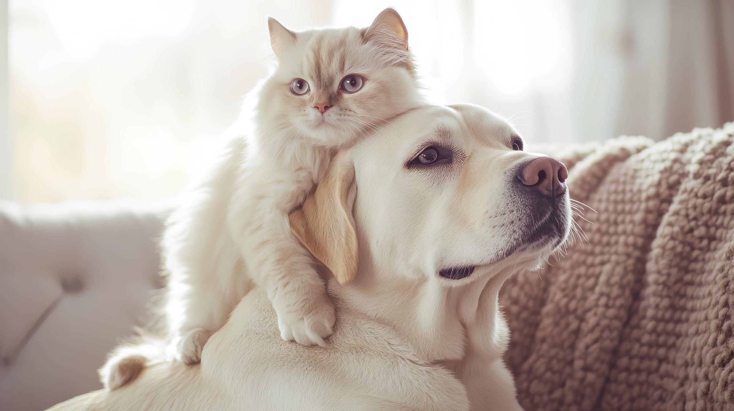 A Ragdoll cat peacefully rests on a Labrador Retriever's back, visually affirming the question, "Are Ragdoll Cats Good With Dogs?" This cozy companionship highlights their gentle nature and compatibility