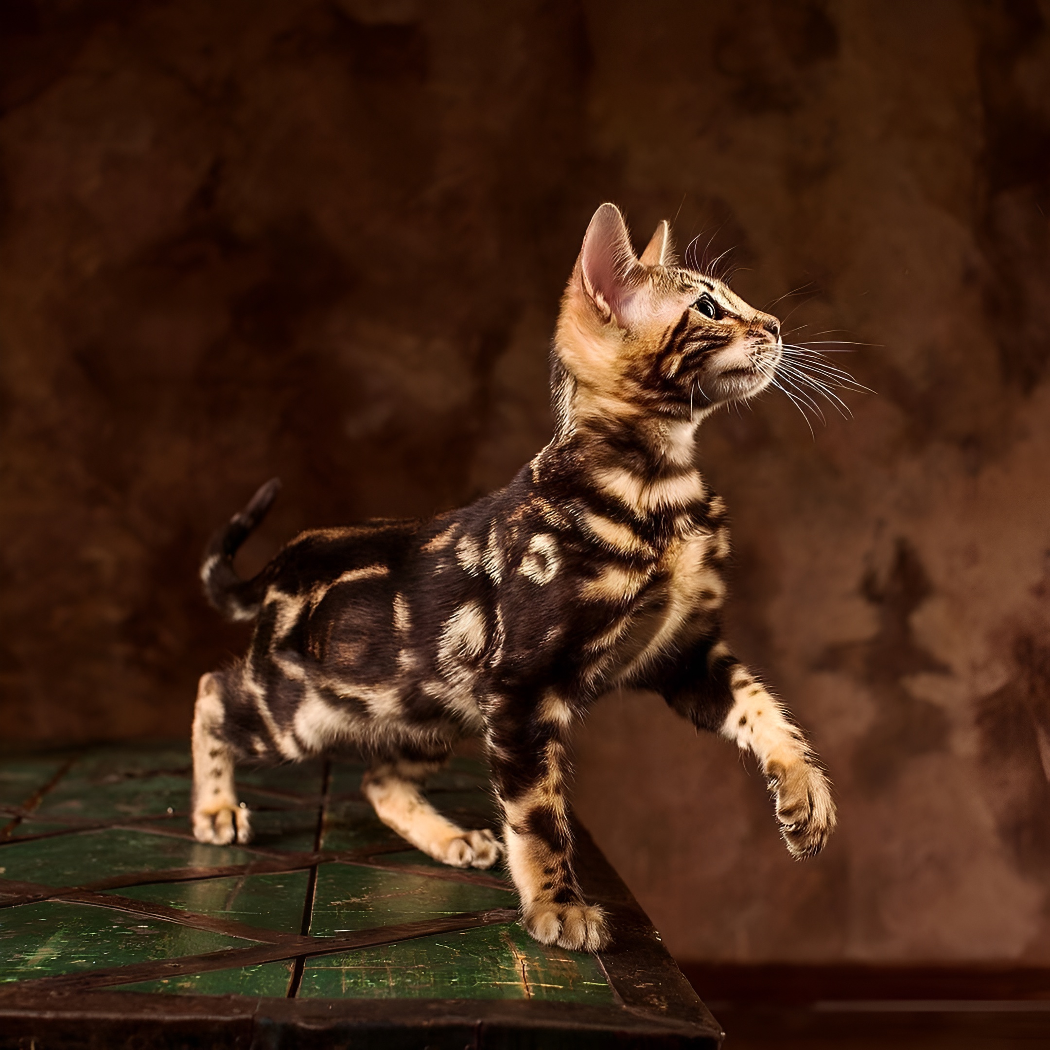 A Marble Bengal Cat stands alert on a green textured surface, showcasing its golden coat with bold marbled markings. The warm brown backdrop enhances the cat’s elegant pose and striking pattern, highlighting the breed’s agility and exotic beauty. Perfect for content focused on Marble Bengal Cat traits, feline photography, or luxury pet aesthetics.