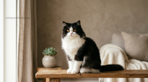 A fluffy black-and-white Tuxedo Persian Cat sitting attentively on a rustic wooden bench in a cozy, sunlit living room with warm neutrals, soft curtains, and a potted succulent in the background.