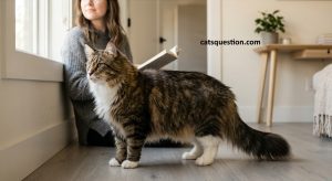 A large, fluffy brown and white Maine Coon cat standing in the foreground of a living room, illustrating why people ask "Are Maine Coon cats friendly" due to their gentle, companionable nature. In the background, a woman sits comfortably on the floor reading a book next to the cat.