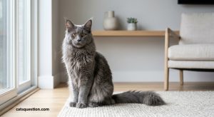 Blue Maine Coon Cat sitting on a light-colored rug in a modern living room near a large window. The long-haired gray-blue feline has a fluffy tail, tufted ears, and bright amber eyes, showcasing the elegant appearance and distinctive features of a Blue Maine Coon Cat.
