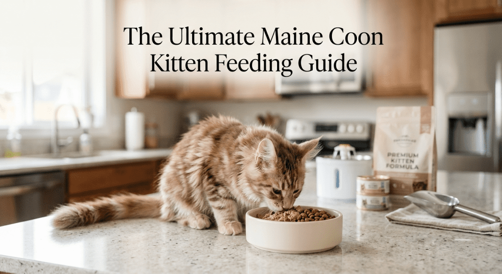 A fluffy orange and white Maine Coon kitten eating out of a ceramic bowl filled with wet and dry food on a kitchen countertop. In the background, a bag of "Premium Kitten Formula" Maine coon cat food and canned food sit near a pet water fountain. Overlay text reads "The Ultimate Maine Coon Kitten Feeding Guide."