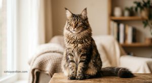 A healthy, long-haired tabby Maine Coon cat sitting majestically on a wooden table indoors. Proper care and a comfortable environment are essential to maximizing a Maine Coon cat lifespan, allowing them to thrive as beautiful, lifelong companions.