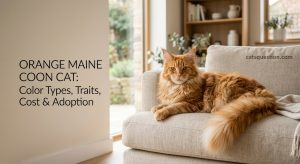 A large, fluffy Orange Maine Coon Cat lounges on a light-colored couch in a brightly lit room. The image includes text on the left that reads: "ORANGE MAINE COON CAT: Color Types, Traits, Cost & Adoption," alongside a website watermark in the top right.