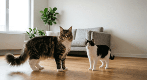 A large, fluffy Maine Coon cat with a brown tabby and white coat stands next to a standard-sized black and white domestic cat in a living room. This striking comparison perfectly illustrates why are Maine Coon cats so big, showcasing their impressive size, broad chests, tufted ears, and long, bushy tails next to average felines.